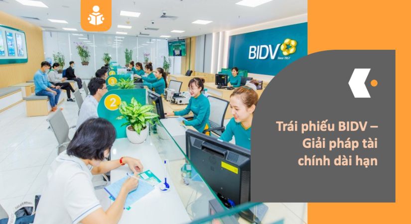 Hình ảnh biểu tượng trái phiếu BIDV với logo ngân hàng và các thông tin về lợi ích đầu tư trái phiếu, lãi suất, và kỳ hạn thanh toán